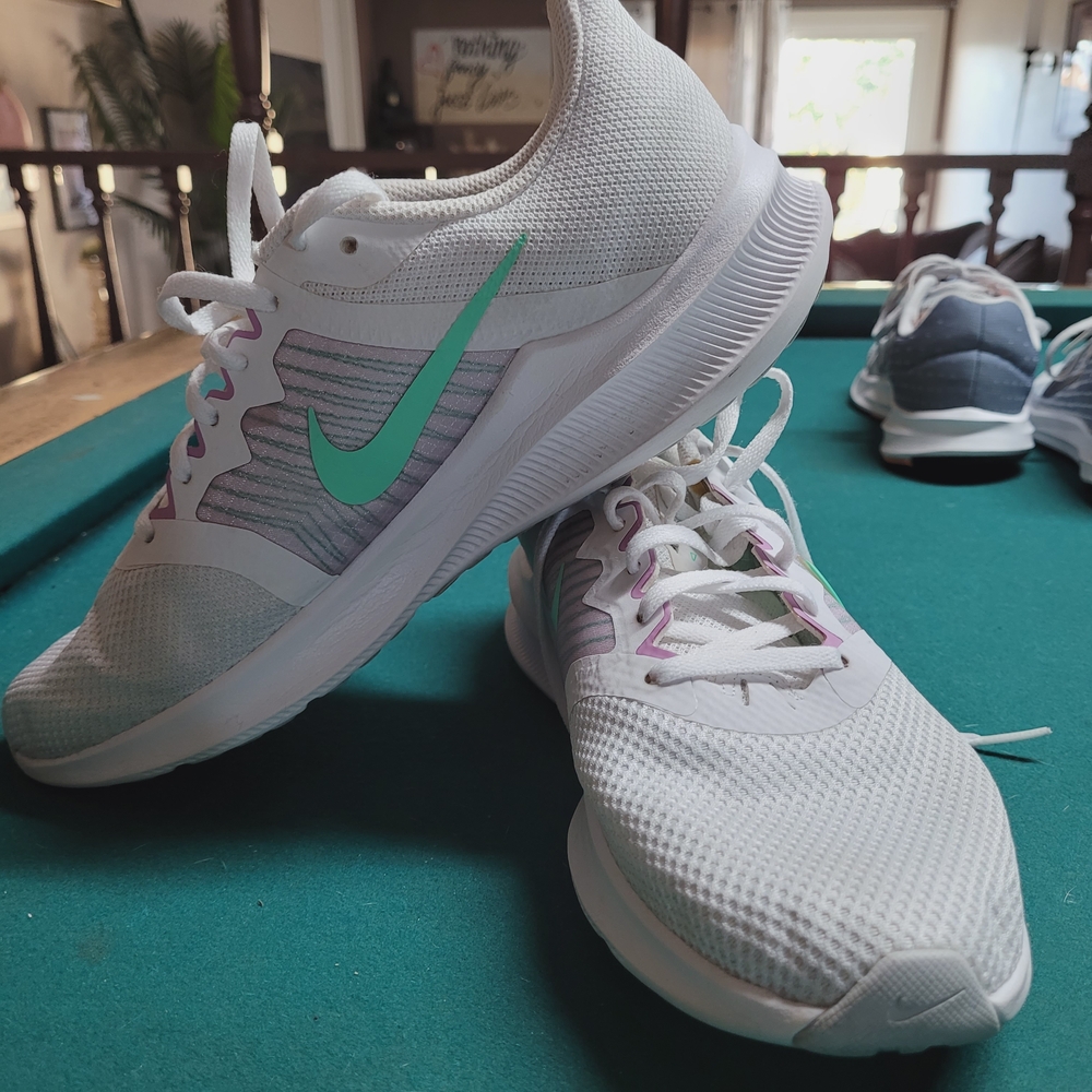 Nike Women's White and Greenish Blue Running Shoes.